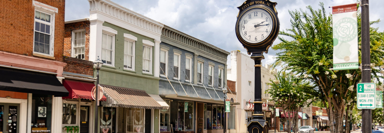 a street with colorful buildings in York, South Carolina