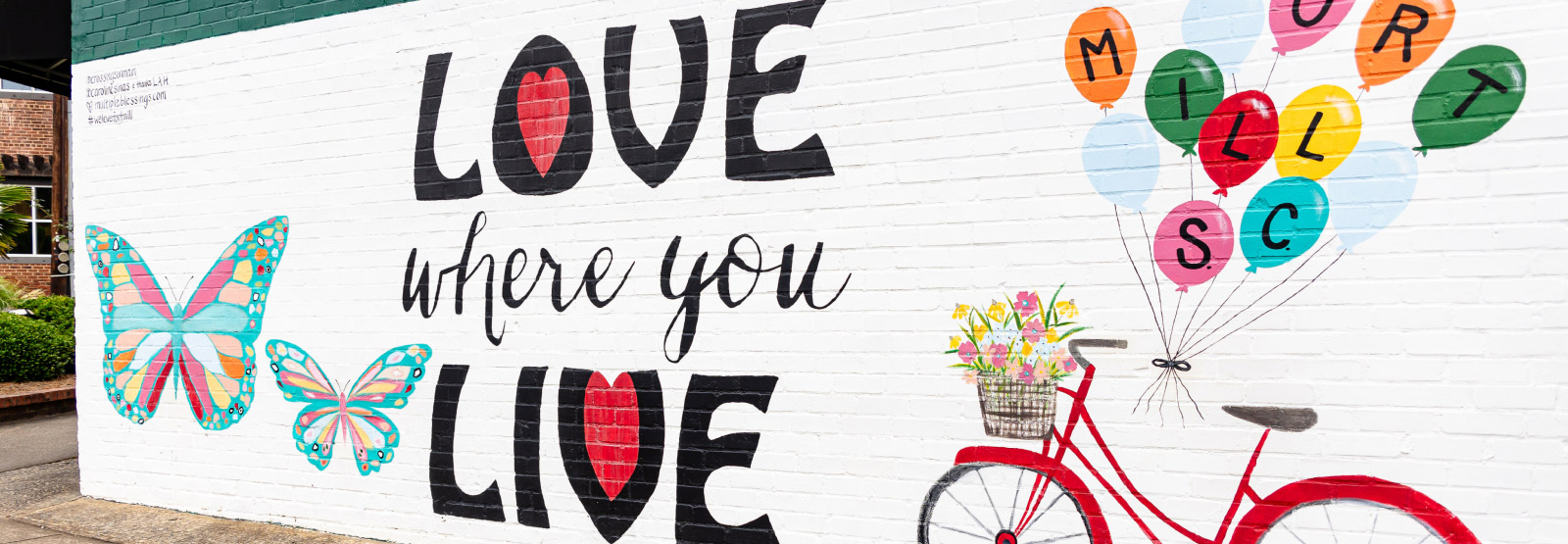 mural on the side of a building with butterflies and a red bike